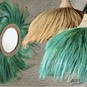 Handmade ceiling lights and round mirror at natural and green color