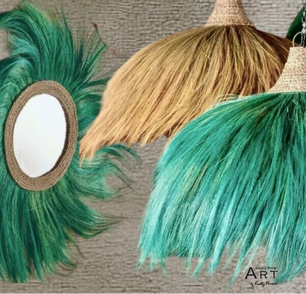 Handmade ceiling lights and round mirror at natural and green color